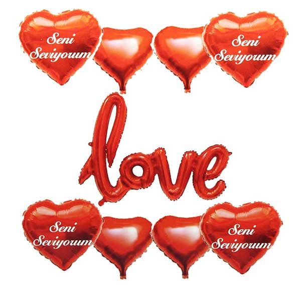 8 Kalp'li Love Kırmızı Set Folyo Balon